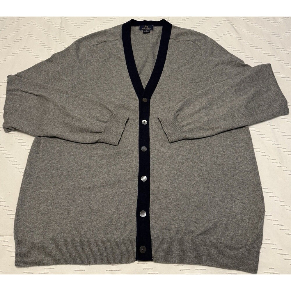 Brooks Brothers Button Up Cardigan Mens XL Gray Blue Cotton Cashmere V-Neck